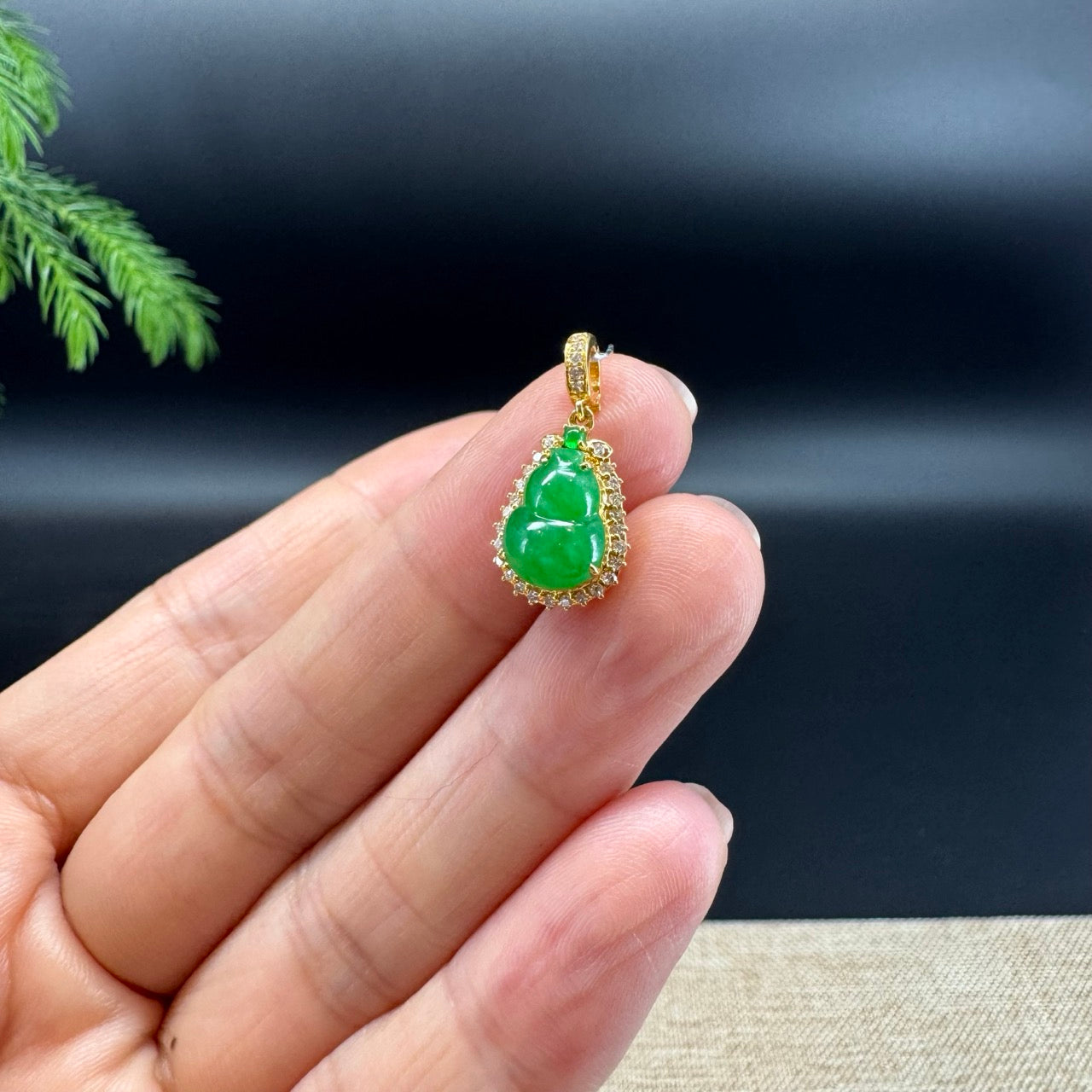 Genuine Green Jadeite Jade Mini Hulu Necklace With 18K Yellow Gold Diamonds Bail