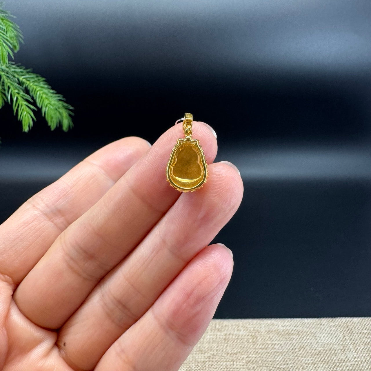 Genuine Green Jadeite Jade Mini Hulu Necklace With 18K Yellow Gold Diamonds Bail