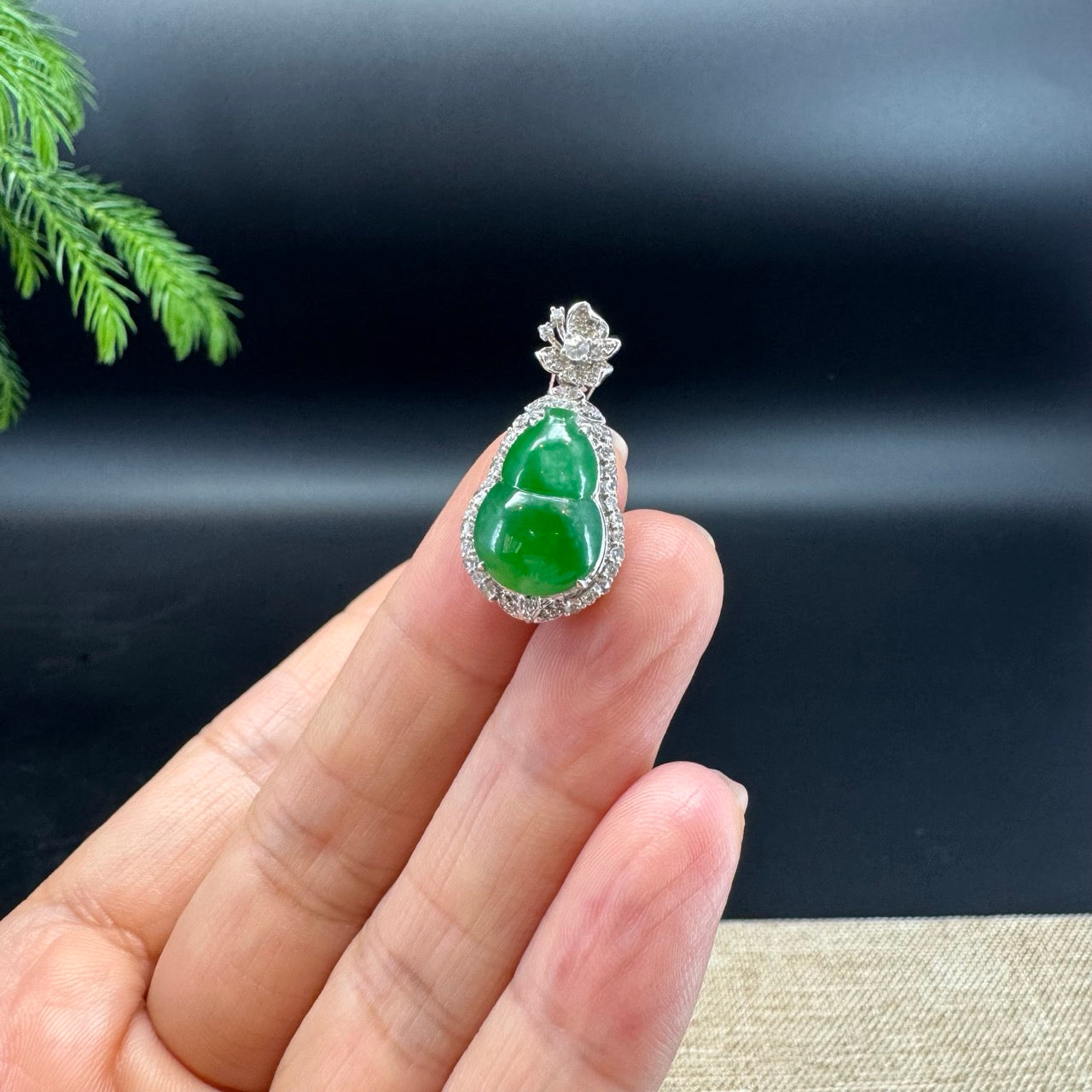 RealJade® Co. Genuine Green Jadeite Jade Good Luck Hulu Necklace With 18K White Gold Diamonds Bail