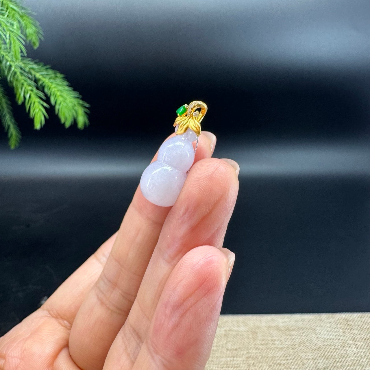 RealJade® Co. Genuine Light Lavender Jadeite Jade Mini Hulu (Bottle Gourd) Necklace With 18k Yellow Gold Bail