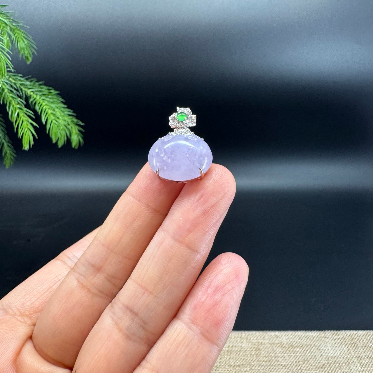 RealJade® Co. Genuine Light Lavender Jadeite Jade Good Luck RuYi  Necklace With 18K White Gold Diamonds Bail