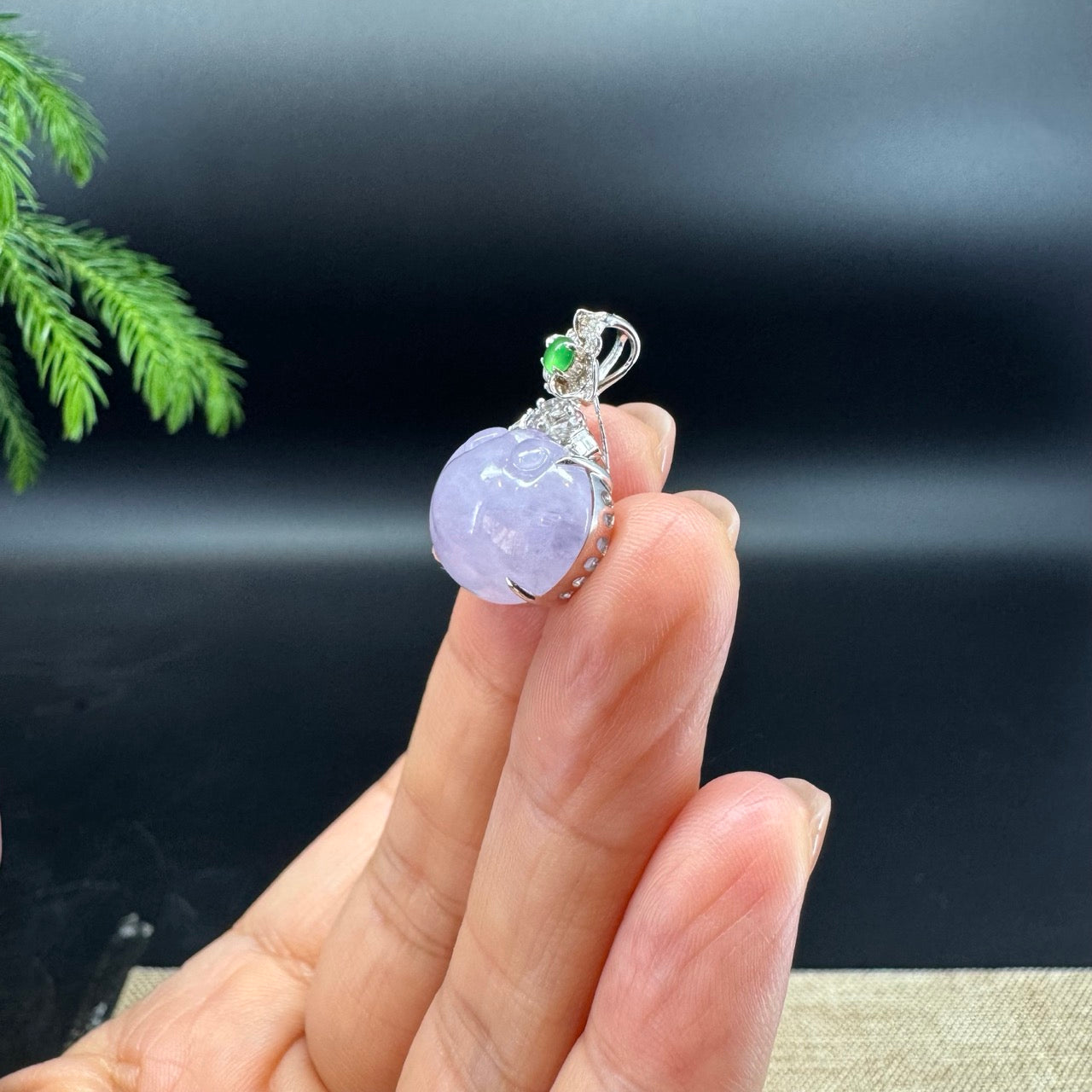 RealJade® Co. Genuine Light Lavender Jadeite Jade Good Luck RuYi  Necklace With 18K White Gold Diamonds Bail