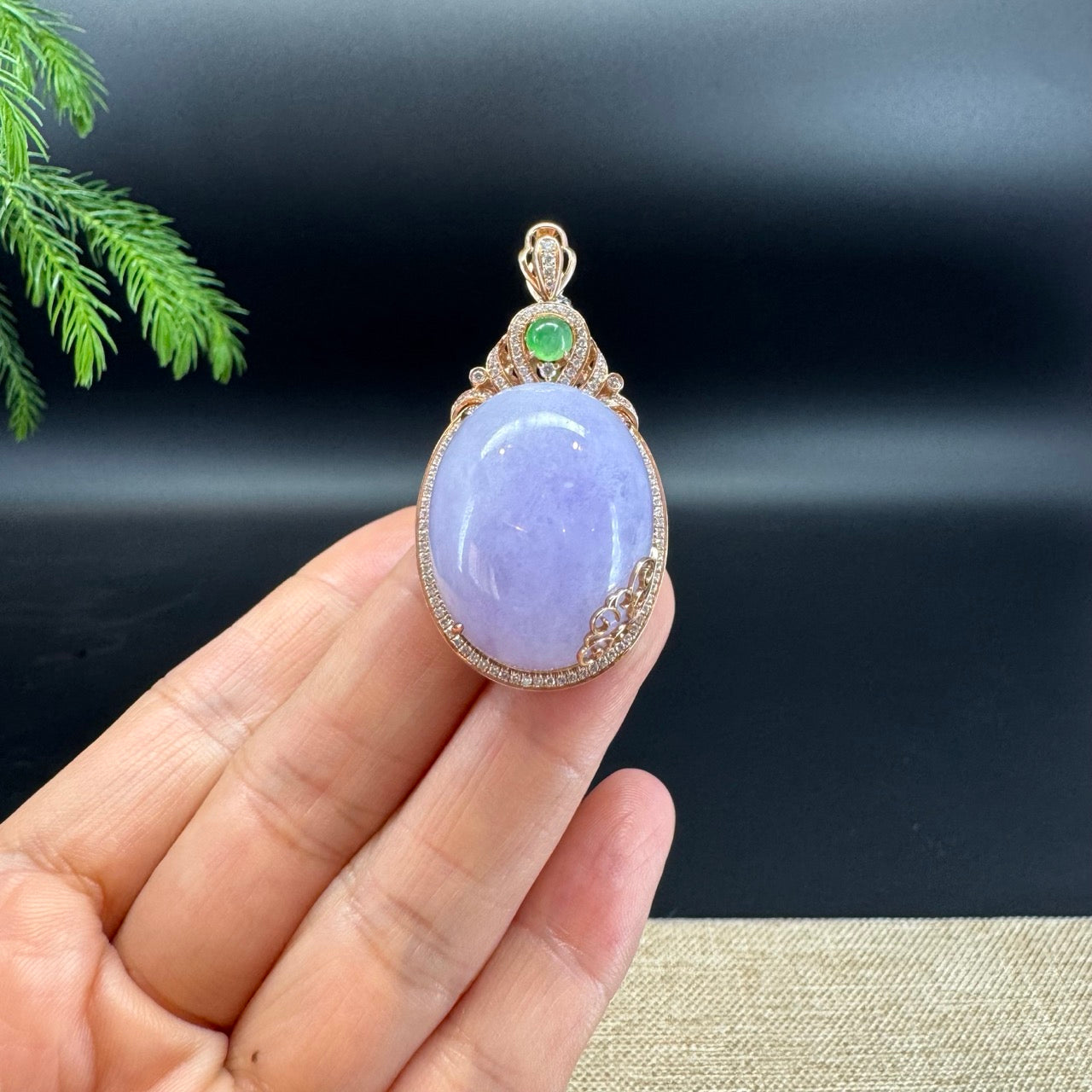 RealJade® Co. Luxury Genuine Lavender Jadeite Jade Cabochon Necklace With 18K Rose Gold Diamond Bail