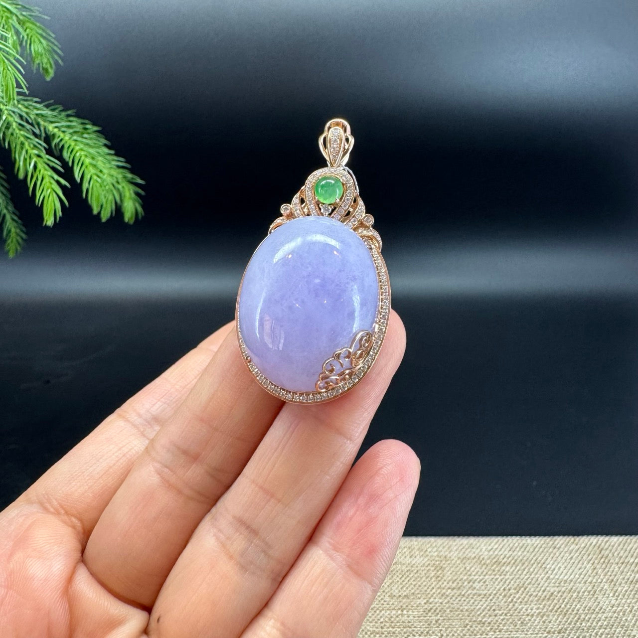 RealJade® Co. Luxury Genuine Lavender Jadeite Jade Cabochon Necklace With 18K Rose Gold Diamond Bail