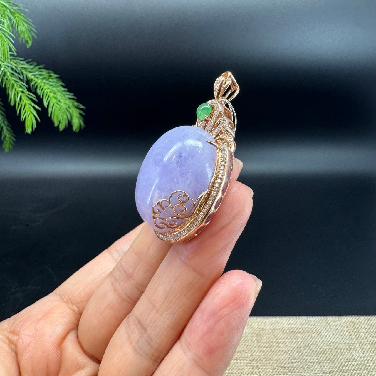 RealJade® Co. Luxury Genuine Lavender Jadeite Jade Cabochon Necklace With 18K Rose Gold Diamond Bail