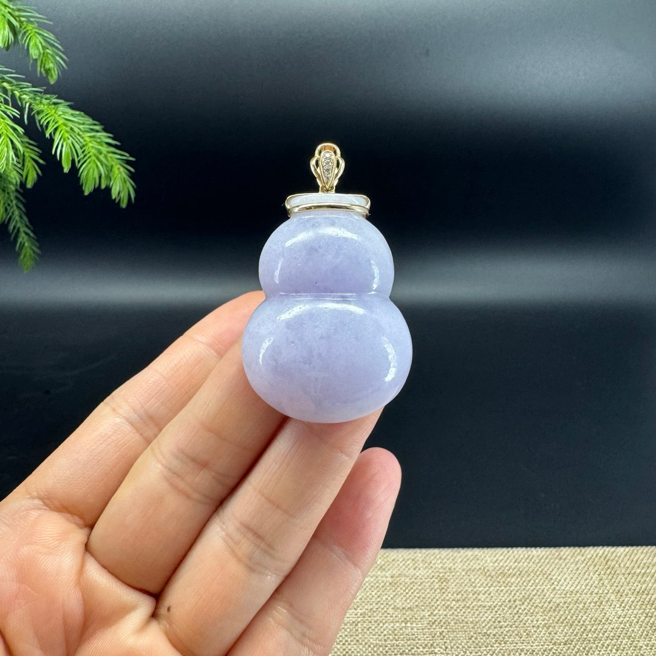 Genuine Lavender Jadeite Jade Hulu Necklace With 14K Yellow Gold Diamonds Bail