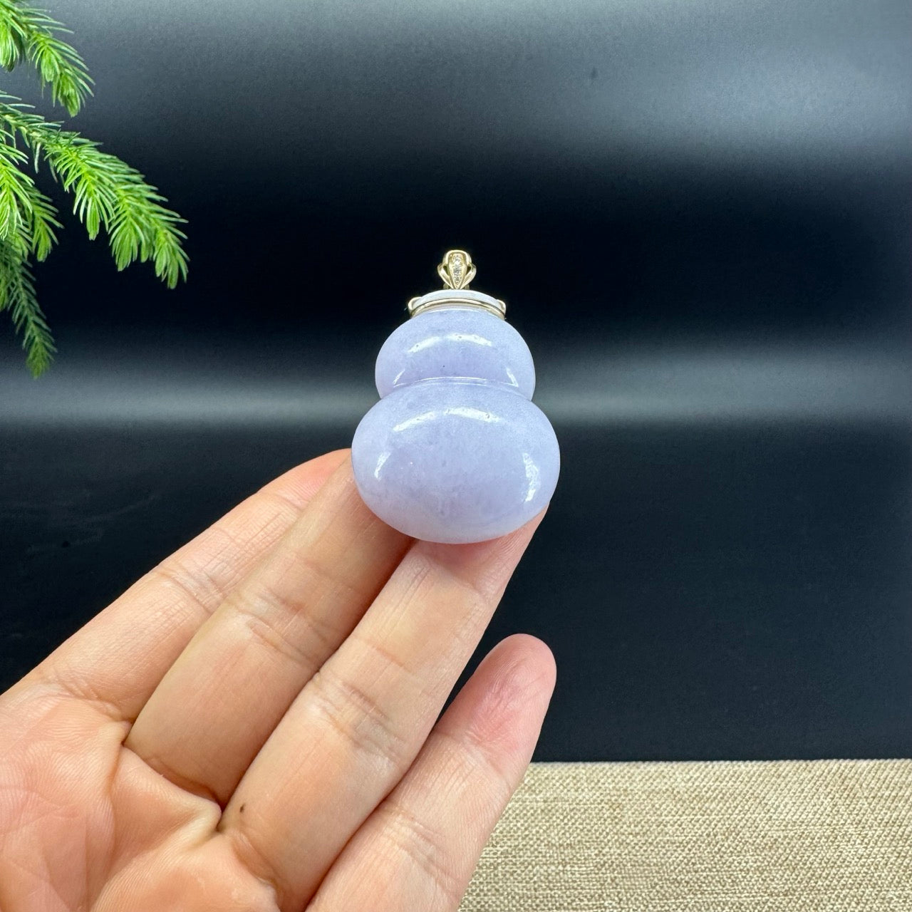 Genuine Lavender Jadeite Jade Hulu Necklace With 14K Yellow Gold Diamonds Bail
