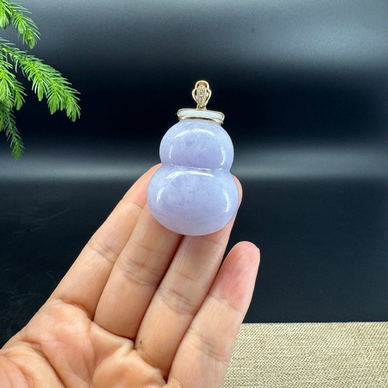 Genuine Lavender Jadeite Jade Hulu Necklace With 14K Yellow Gold Diamonds Bail