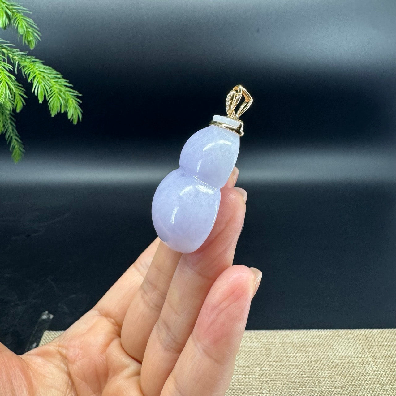 Genuine Lavender Jadeite Jade Hulu Necklace With 14K Yellow Gold Diamonds Bail