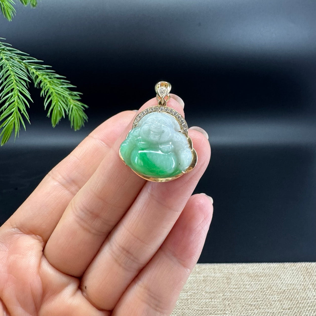 14K Yellow Gold Burmese White Green Jadeite Jade Happy Buddha Pendant with Diamond