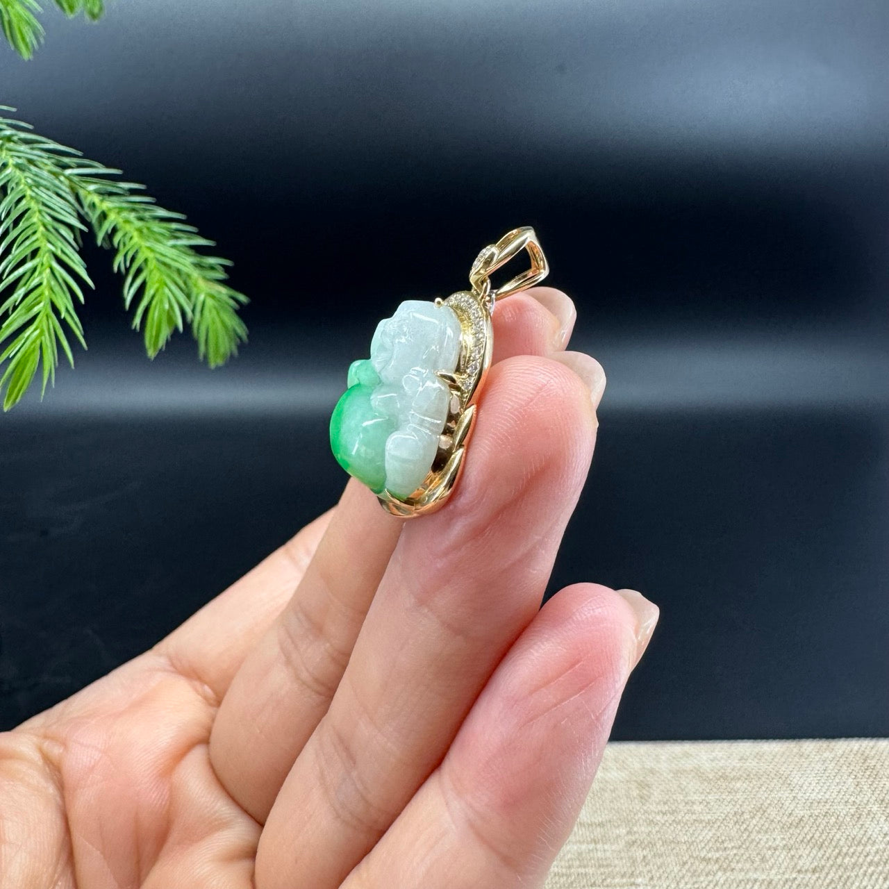 14K Yellow Gold Burmese White Green Jadeite Jade Happy Buddha Pendant with Diamond