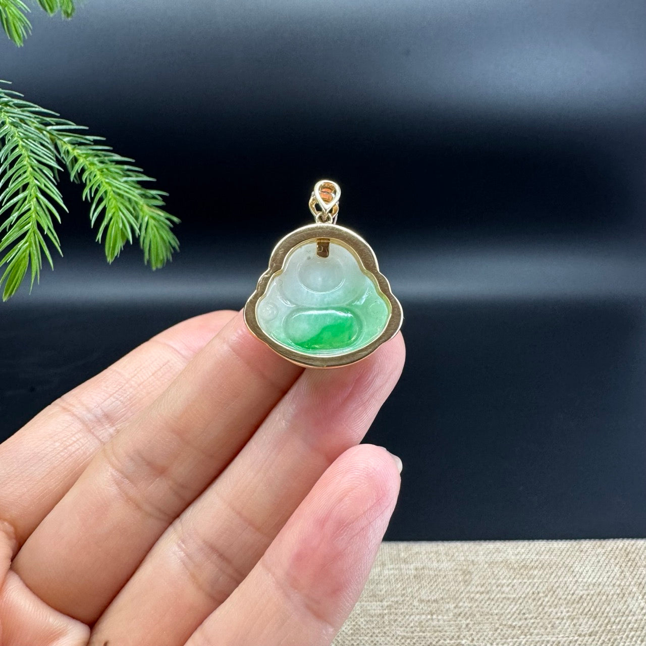 14K Yellow Gold Burmese White Green Jadeite Jade Happy Buddha Pendant with Diamond
