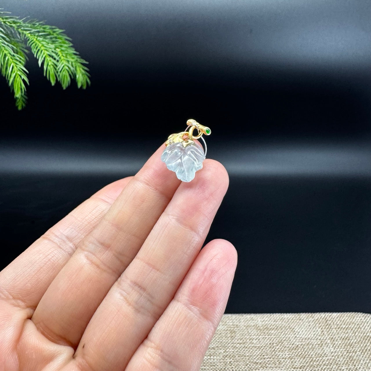 RealJade® "Maple Leaf" 18K Yellow Gold Icy Moonlight Jadeite Jade Pendant Necklace