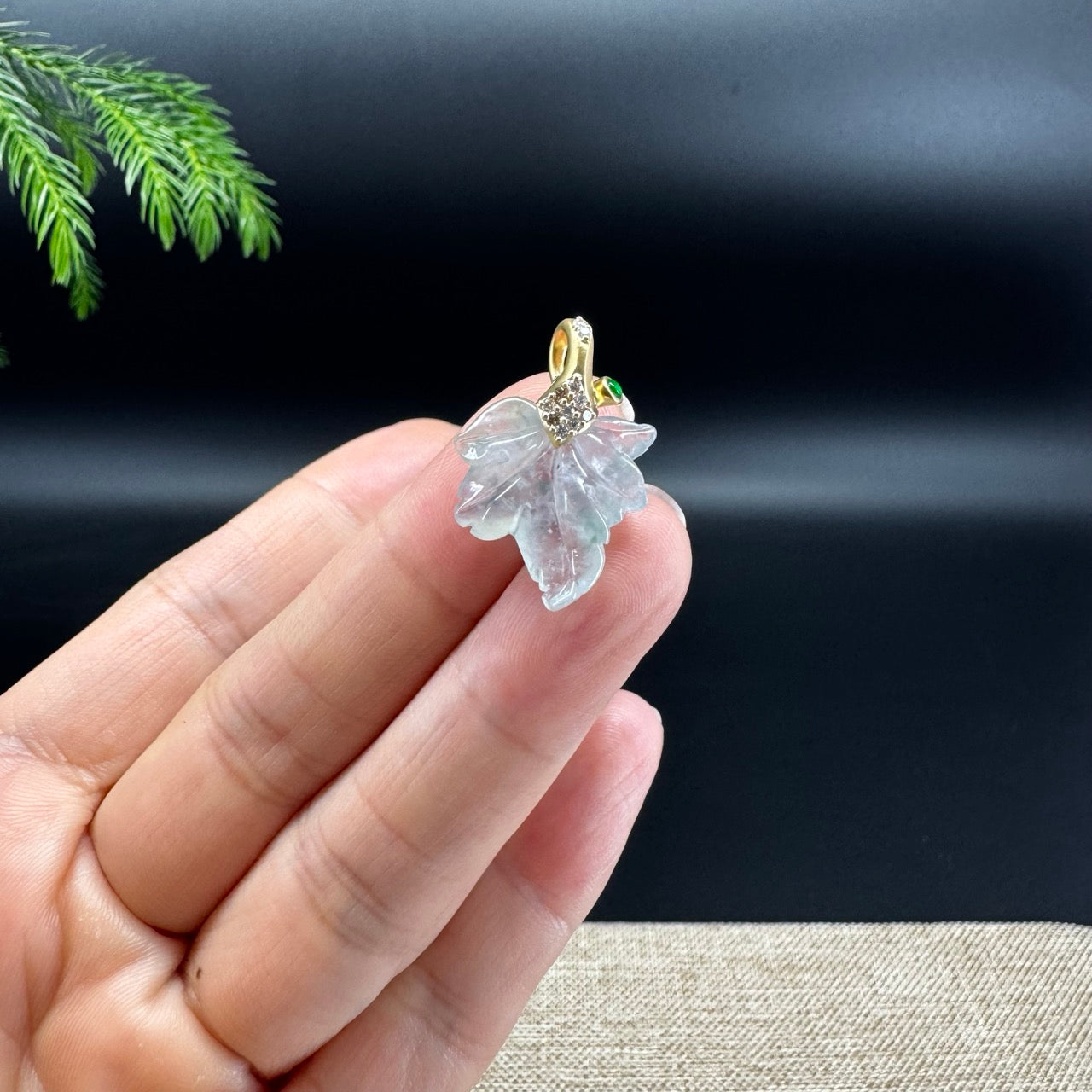 RealJade® "Maple Leaf" 18K Yellow Gold Icy Blue Flower Jadeite Jade Pendant With Diamonds