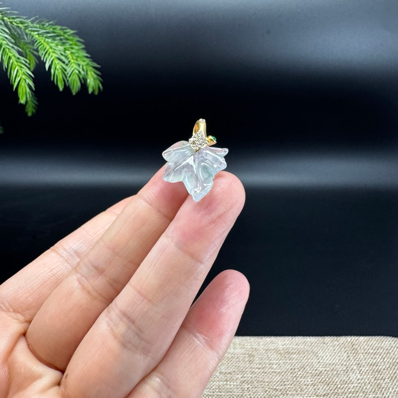 RealJade® "Maple Leaf" 18K Yellow Gold Icy Blue Flower Jadeite Jade Pendant With Diamonds