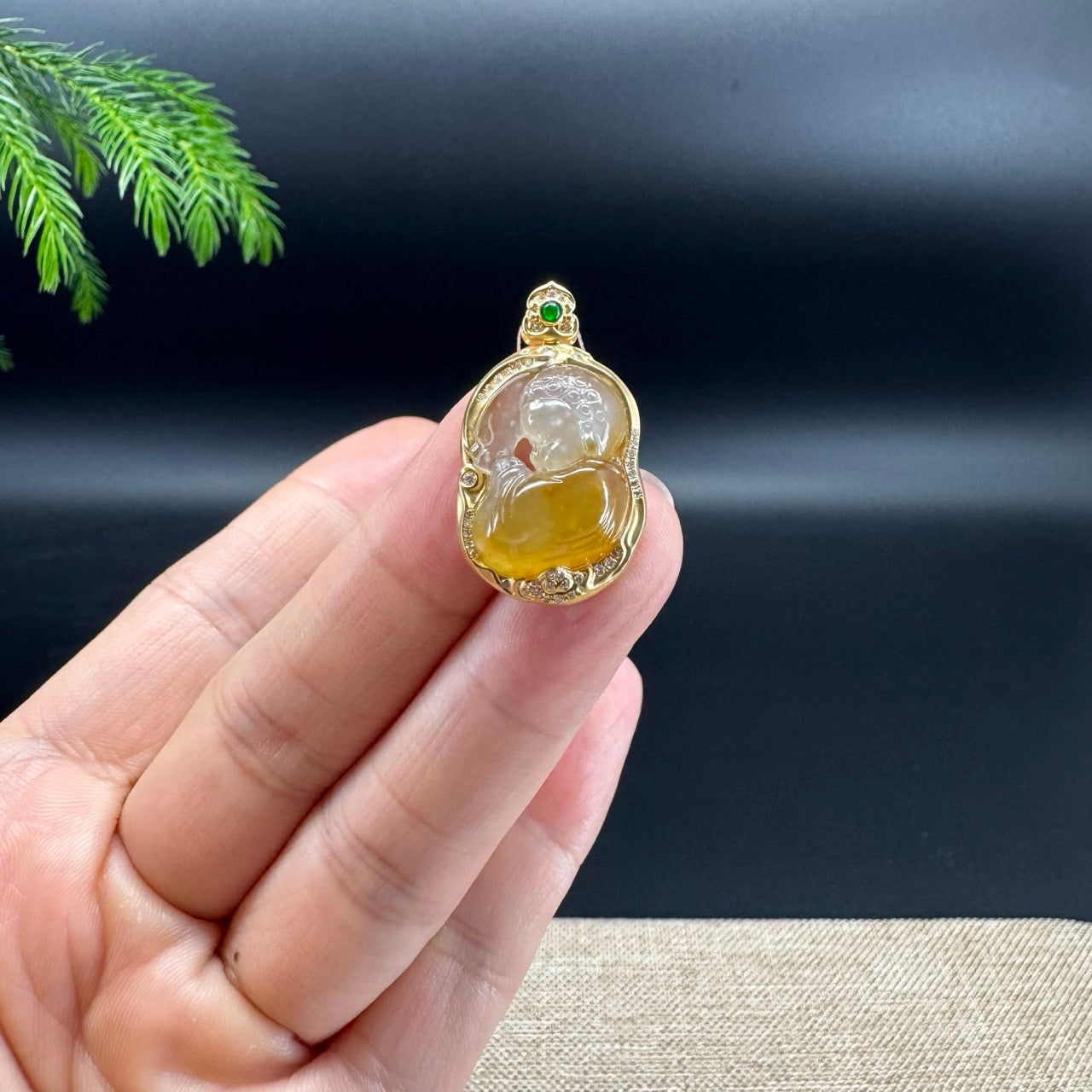 18K Yellow Gold Burmese Honey-Yellow Jadeite Jade Baby Buddha Pendant With Diamonds