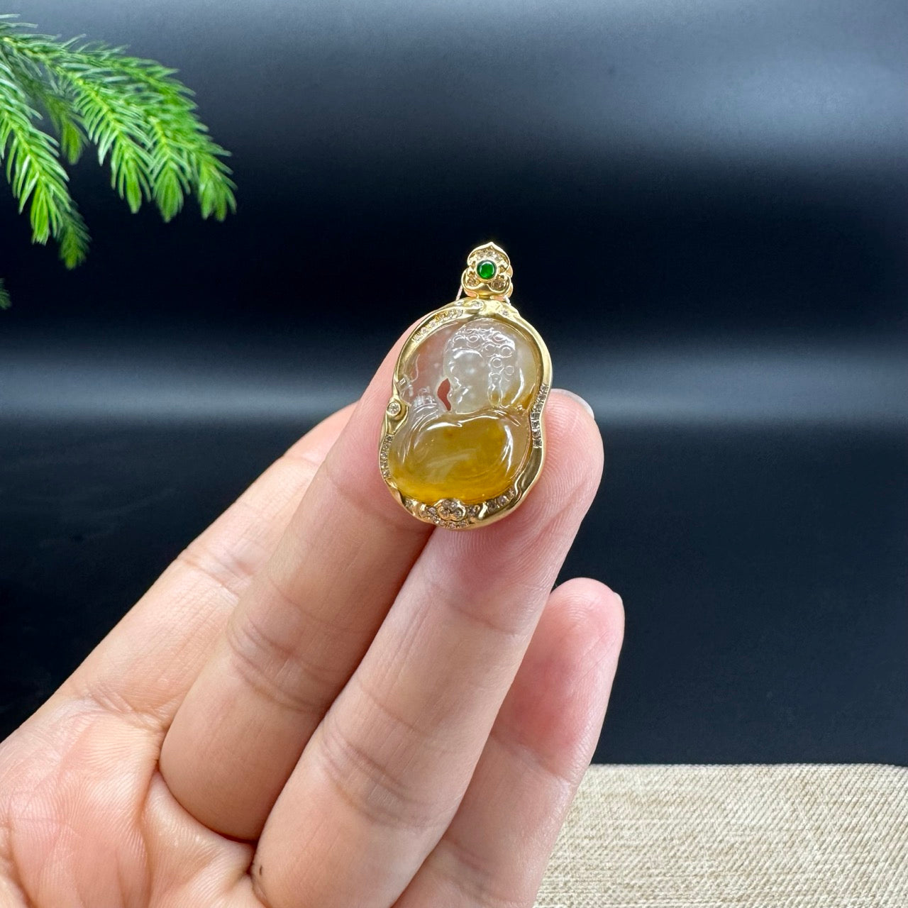 18K Yellow Gold Burmese Honey-Yellow Jadeite Jade Baby Buddha Pendant With Diamonds