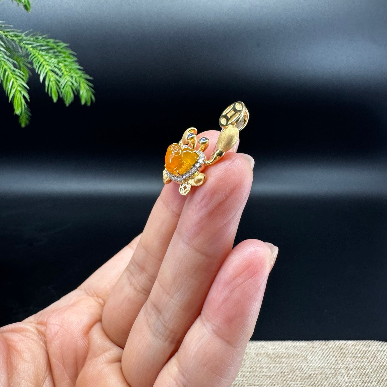 RealJade® Co. 18K Yellow Gold Genuine Honey Yellow Jadeite Jade Crab Necklace With Diamonds