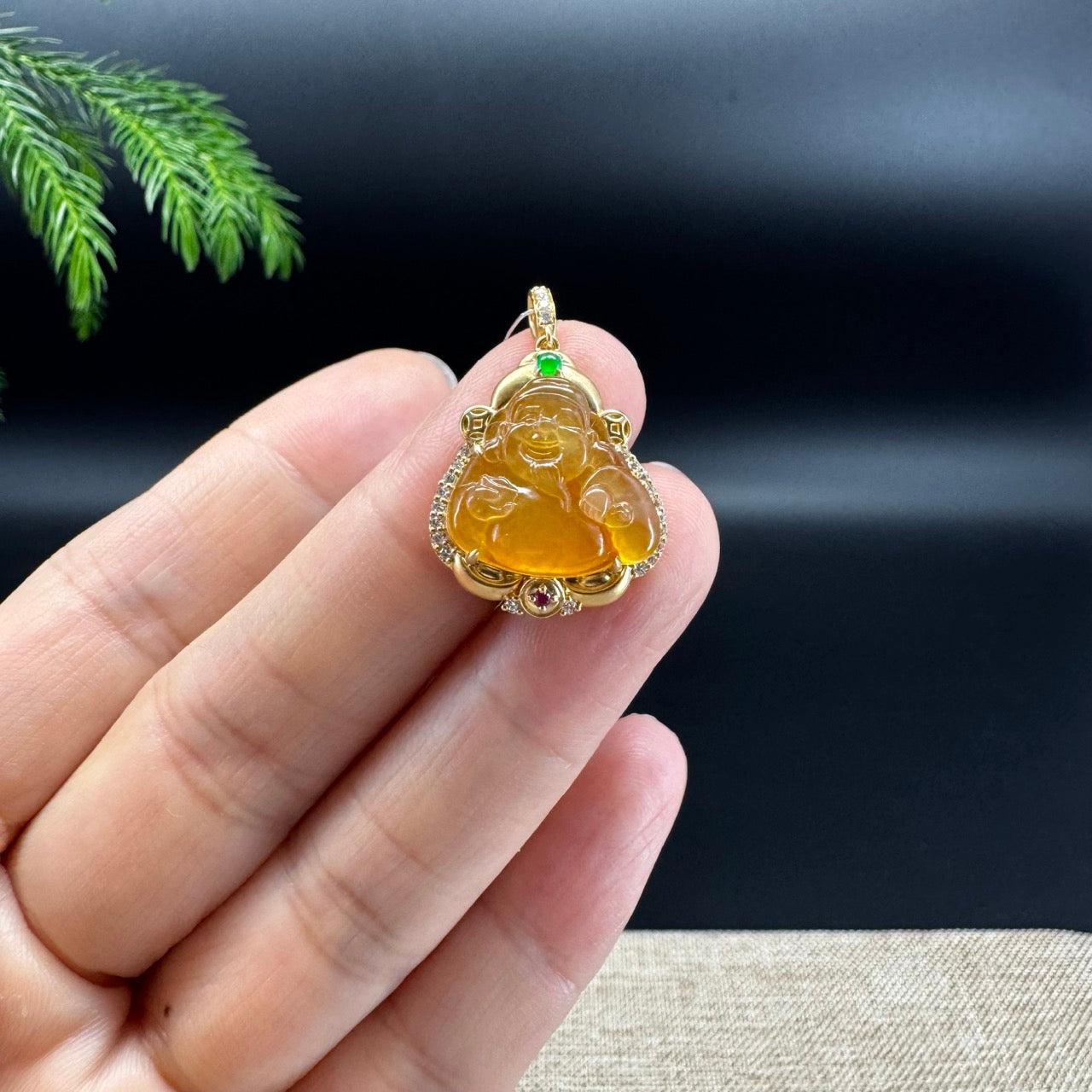 18K Yellow Gold Burmese Honey Yellow Jadeite Jade Money Saint Pendant with Diamonds