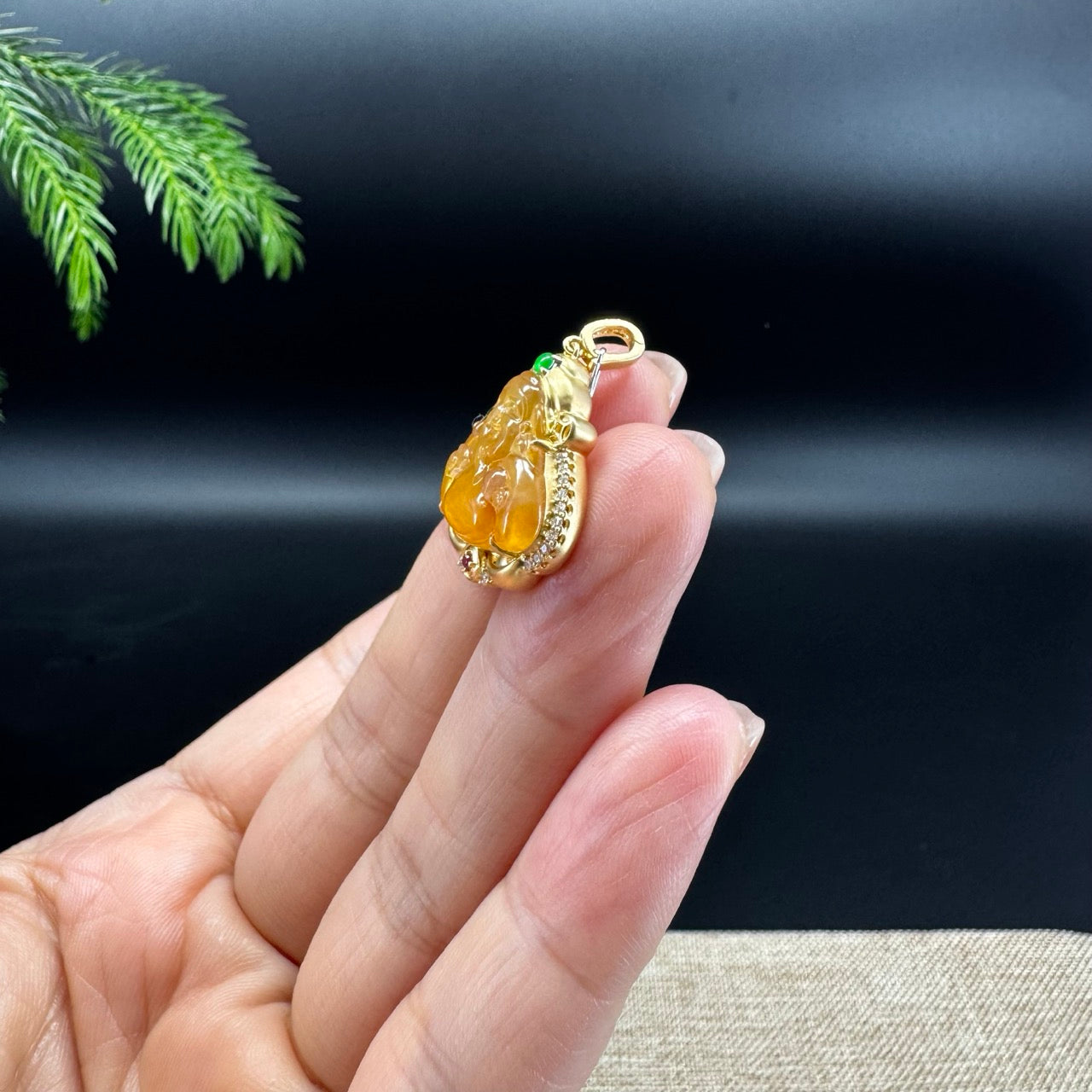 18K Yellow Gold Burmese Honey Yellow Jadeite Jade Money Saint Pendant with Diamonds