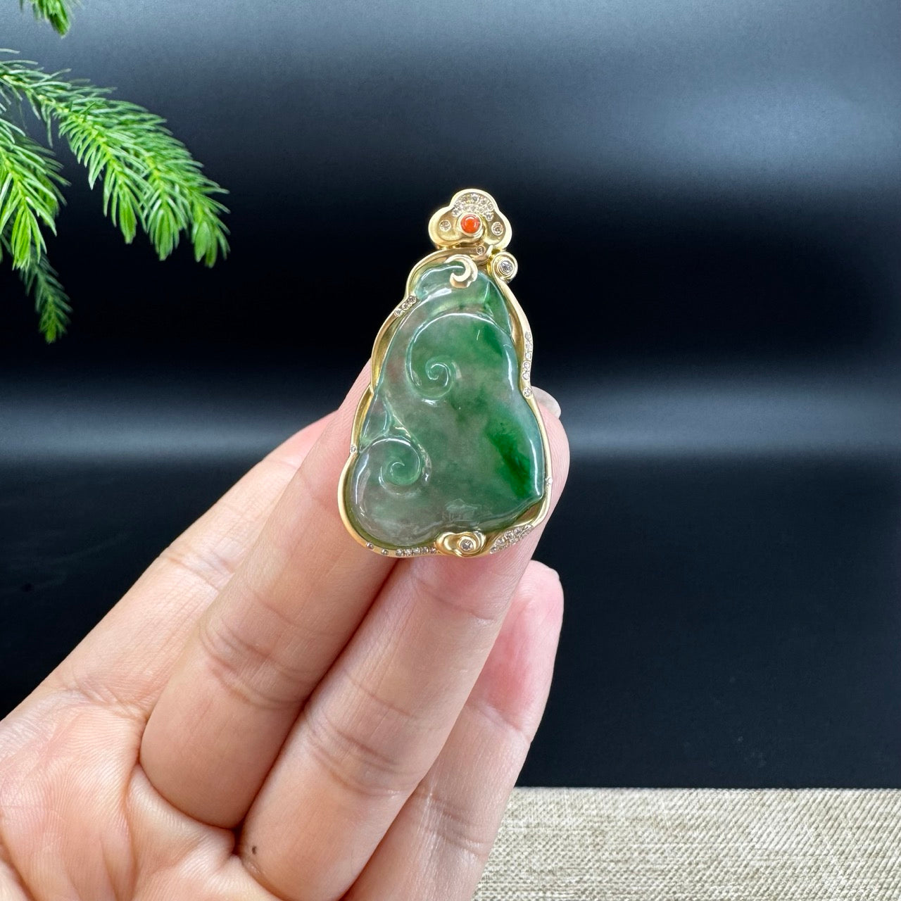 RealJade® Co. Genuine Green Jadeite Jade Ru Yi Pendant with 18k Yellow Gold Diamond Bail