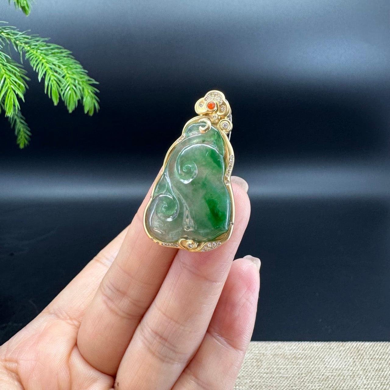 RealJade® Co. Genuine Green Jadeite Jade Ru Yi Pendant with 18k Yellow Gold Diamond Bail