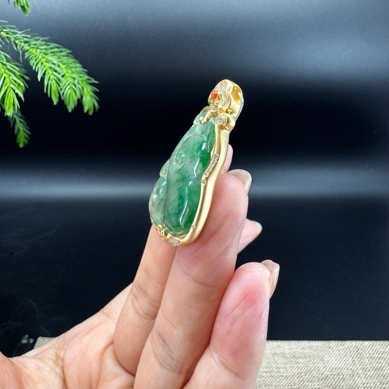 RealJade® Co. Genuine Green Jadeite Jade Ru Yi Pendant with 18k Yellow Gold Diamond Bail