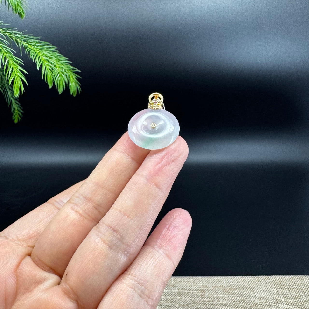 "Good Luck Button"Icy Green Jadeite Jade Lucky KouKou Pendant With 18K Yellow Gold Bail