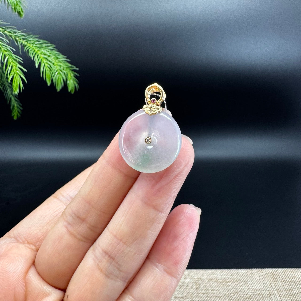 "Good Luck Button"Icy Green Jadeite Jade Lucky KouKou Pendant With 18K Yellow Gold Bail