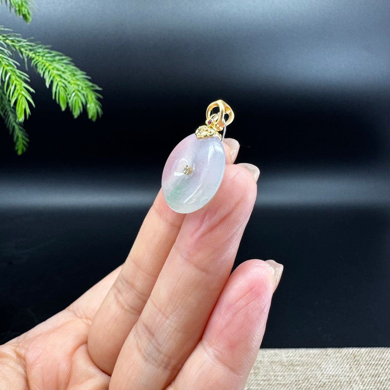 "Good Luck Button"Icy Green Jadeite Jade Lucky KouKou Pendant With 18K Yellow Gold Bail