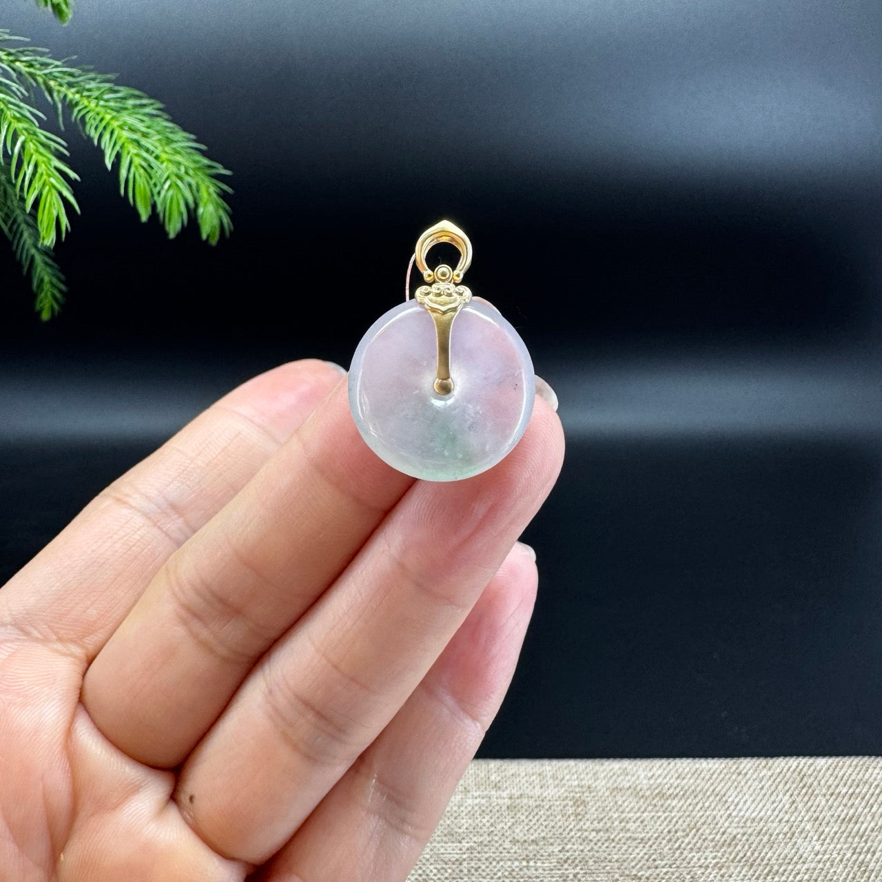 "Good Luck Button"Icy Green Jadeite Jade Lucky KouKou Pendant With 18K Yellow Gold Bail