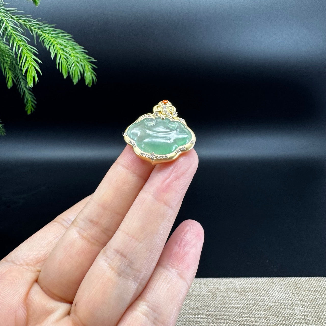 RealJade® Co. Genuine Light Green Jadeite Jade Ru Yi Pendant with 18k Yellow Gold Diamond Bail