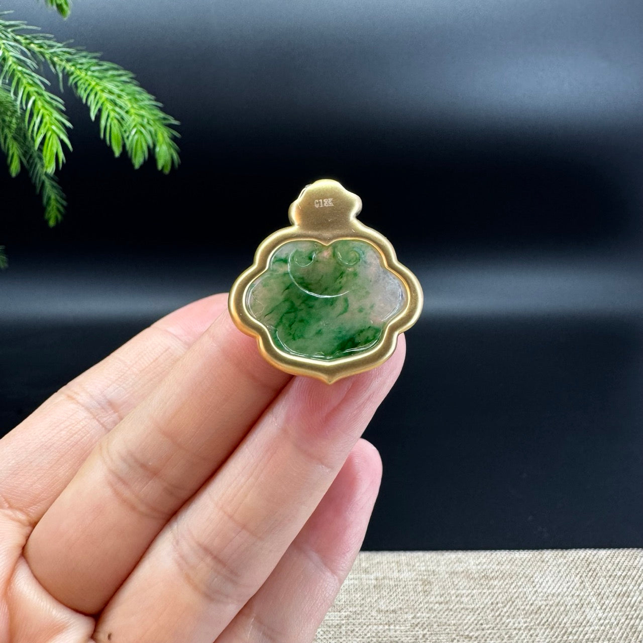 RealJade® Co. Genuine Forest Green Jadeite Jade RuYi Pendant with 18k Yellow Gold Diamond Bail