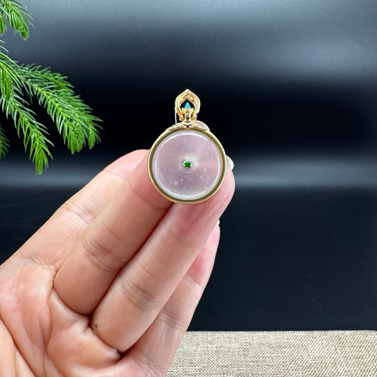 "Good Luck Button" Icy Jadeite Jade Lucky KouKou Pendant With 18K Yellow Gold Bail