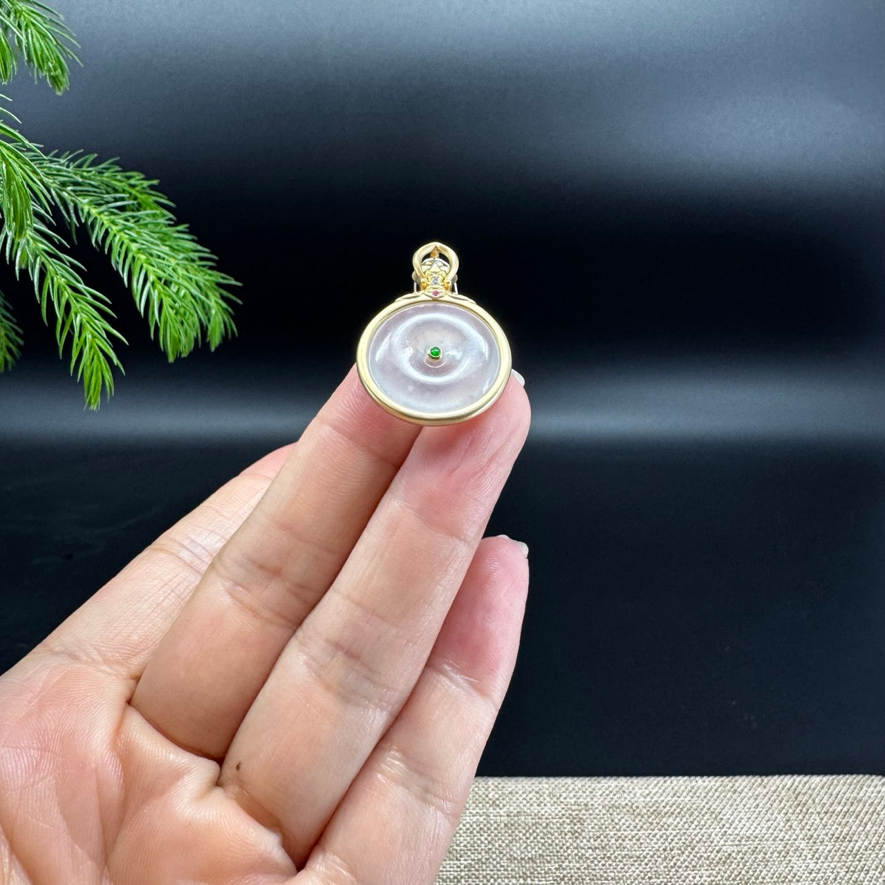 "Good Luck Button" Icy Jadeite Jade Lucky KouKou Pendant With 18K Yellow Gold Bail