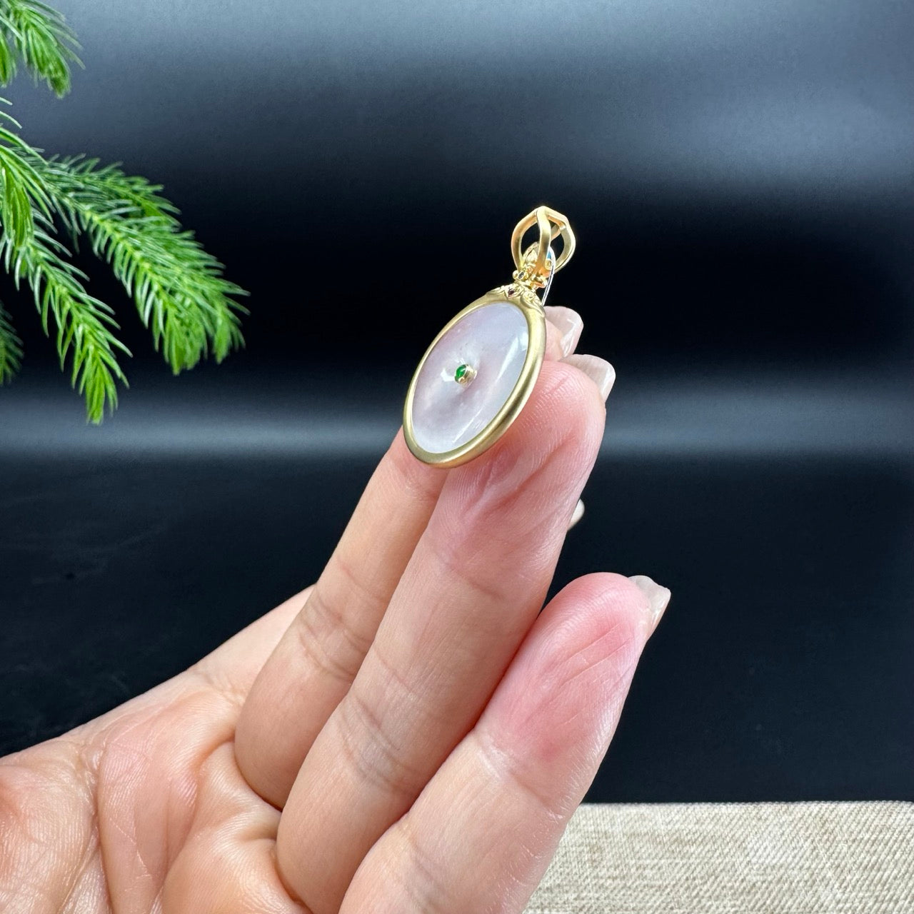 "Good Luck Button" Icy Jadeite Jade Lucky KouKou Pendant With 18K Yellow Gold Bail