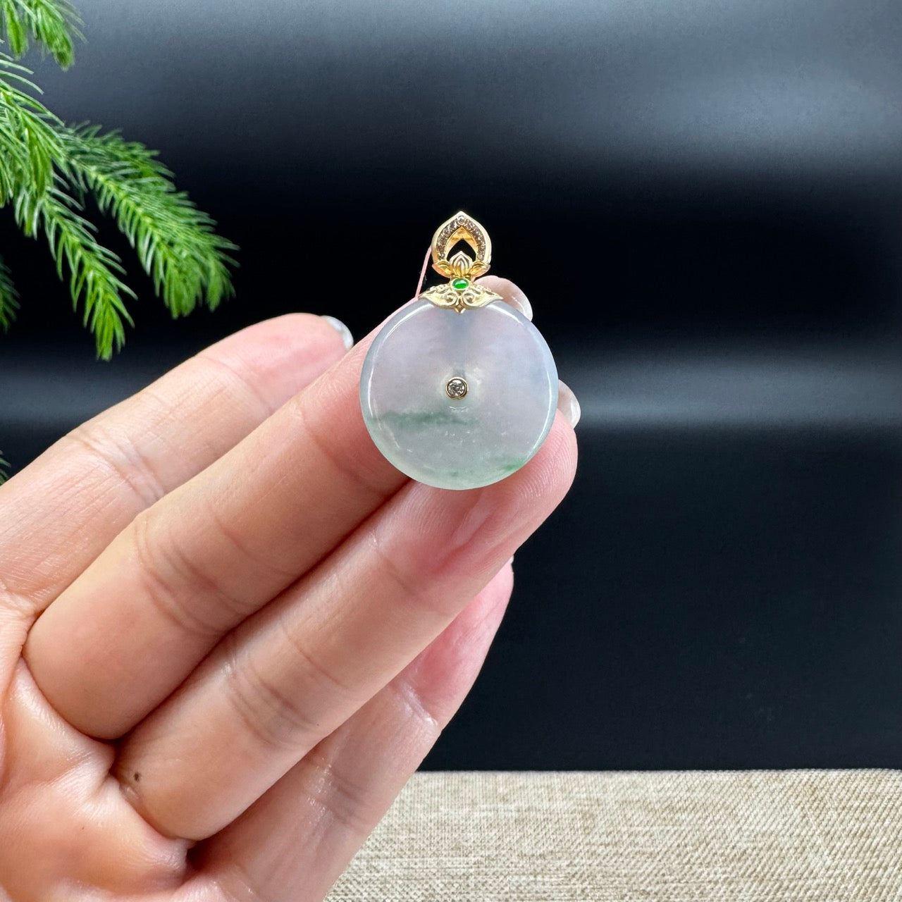 "Good Luck Button" Icy Green Jadeite Jade Lucky KouKou Pendant With 18K Yellow Gold Bail