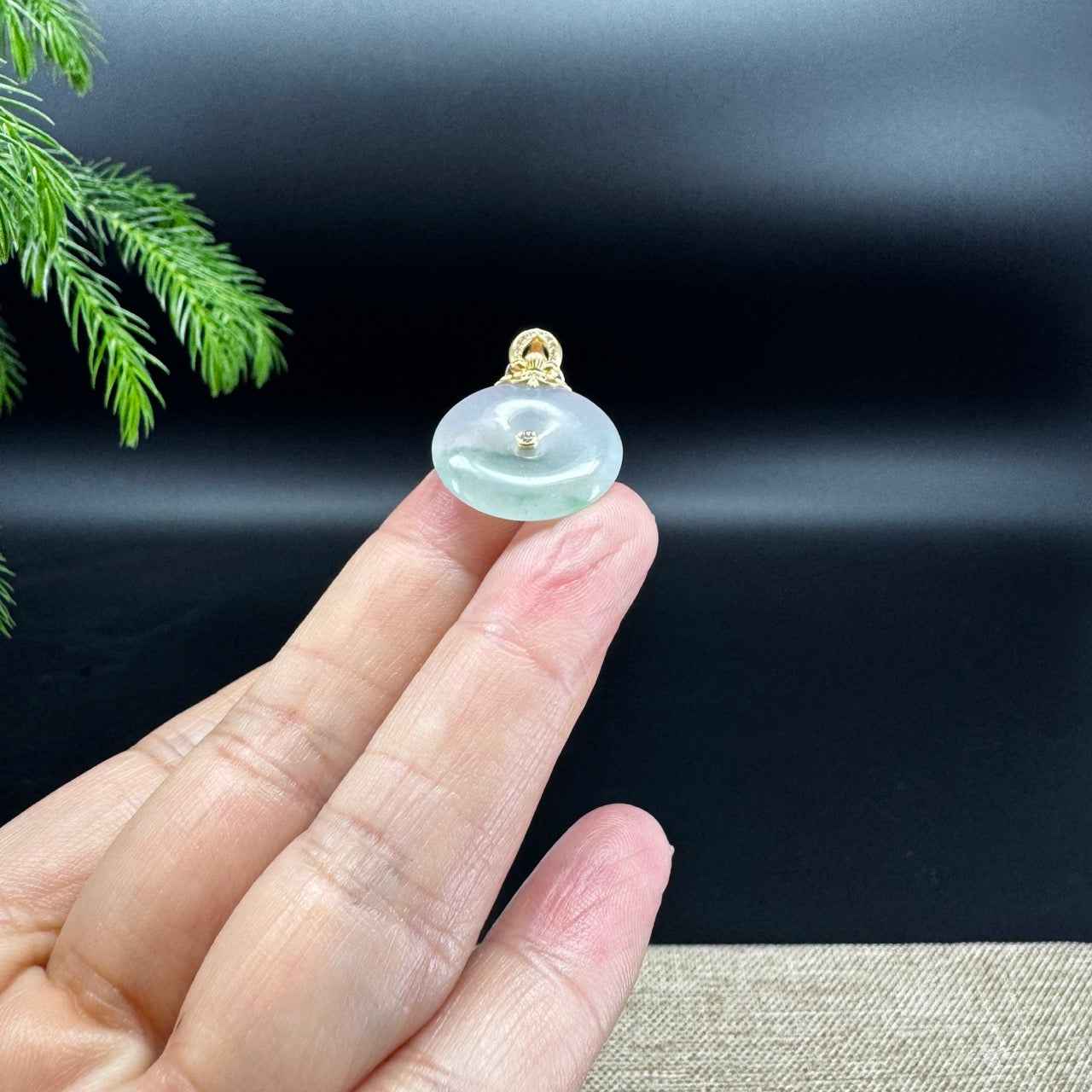 "Good Luck Button" Icy Green Jadeite Jade Lucky KouKou Pendant With 18K Yellow Gold Bail