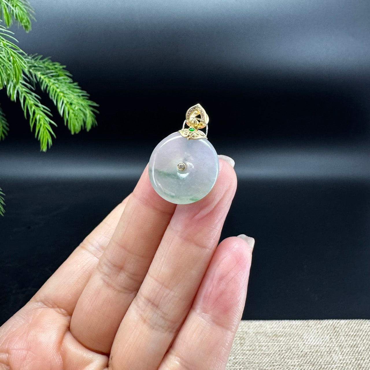 "Good Luck Button" Icy Green Jadeite Jade Lucky KouKou Pendant With 18K Yellow Gold Bail
