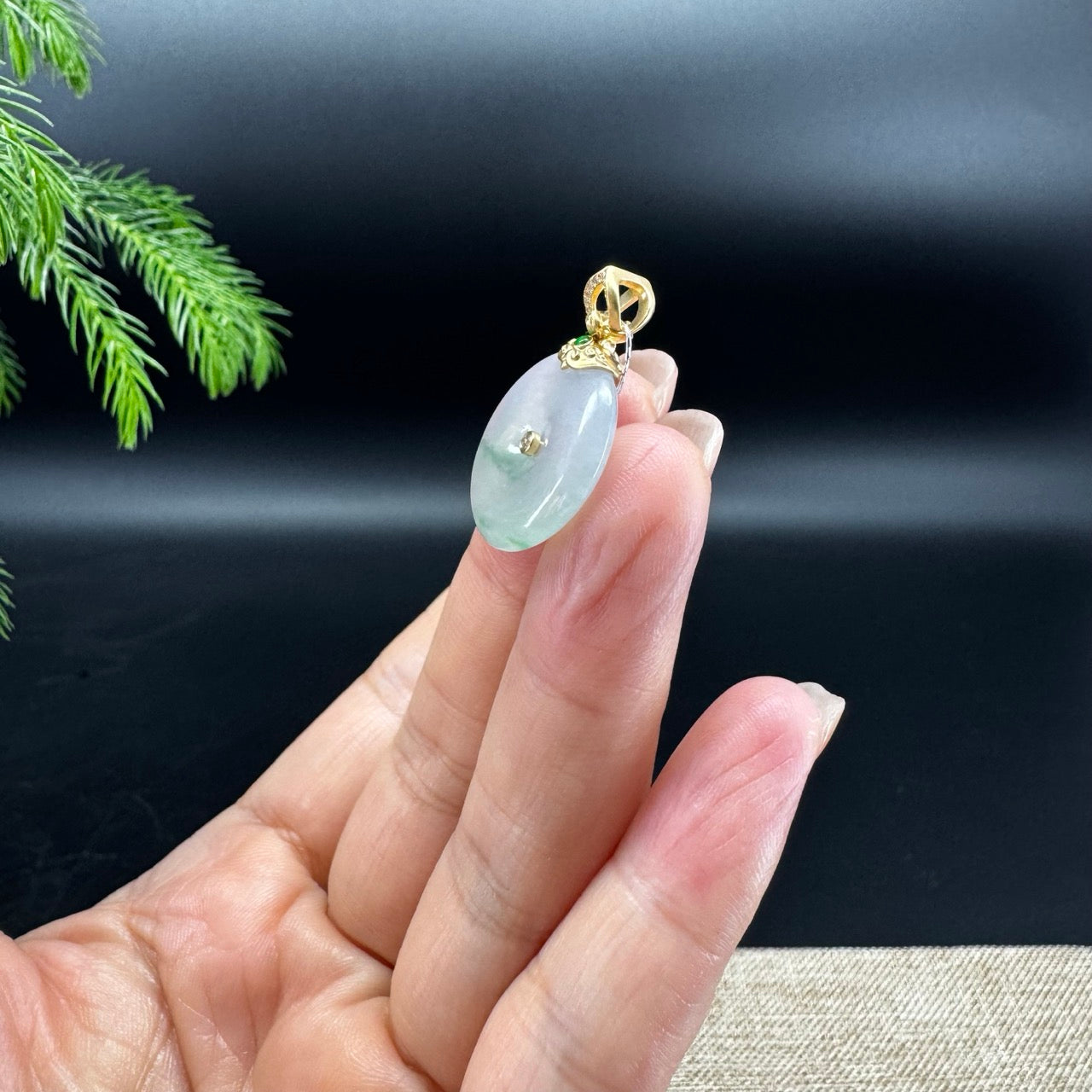 "Good Luck Button" Icy Green Jadeite Jade Lucky KouKou Pendant With 18K Yellow Gold Bail