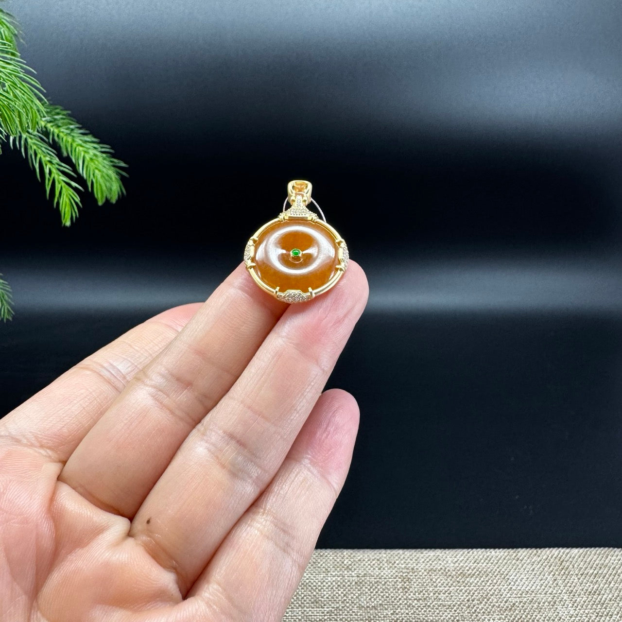 "Good Luck Button" Honey Yellow Jadeite Jade Lucky KouKou Pendant With 18K Yellow Gold Bail
