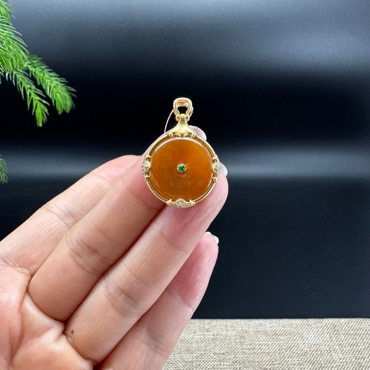 "Good Luck Button" Honey Yellow Jadeite Jade Lucky KouKou Pendant With 18K Yellow Gold Bail