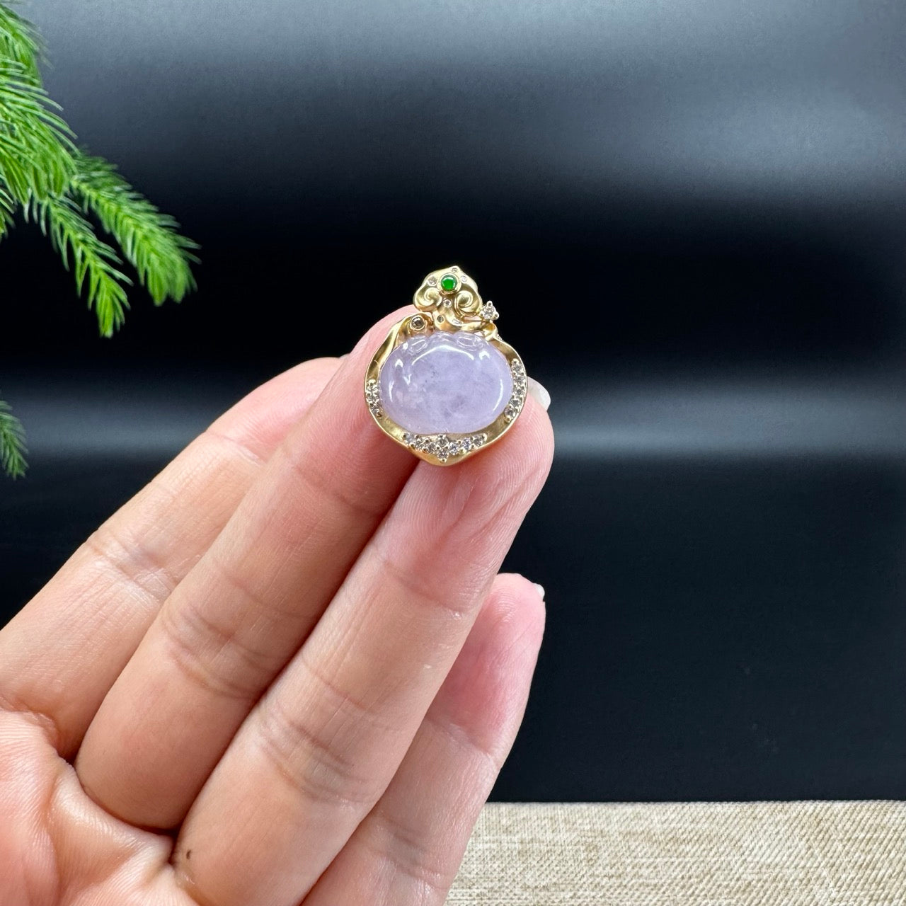 RealJade® Co. Genuine Pink Lavender Jadeite Jade RuYi Necklace With 18K Yellow Gold Diamonds Bail