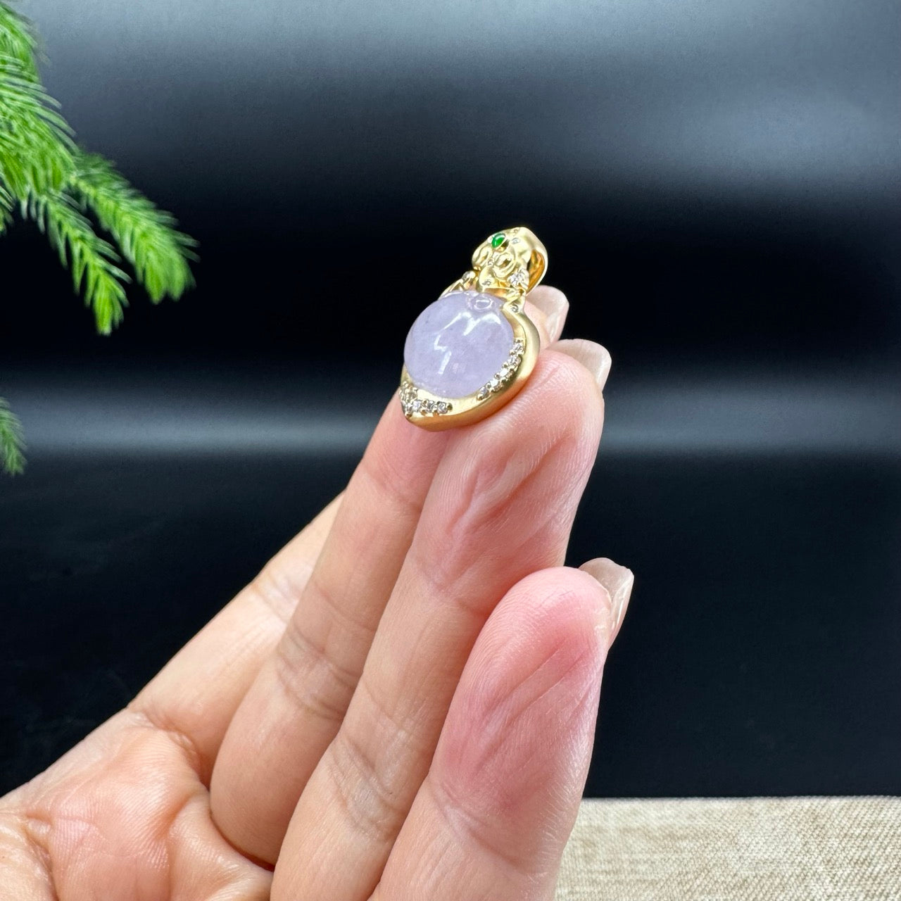 RealJade® Co. Genuine Pink Lavender Jadeite Jade RuYi Necklace With 18K Yellow Gold Diamonds Bail