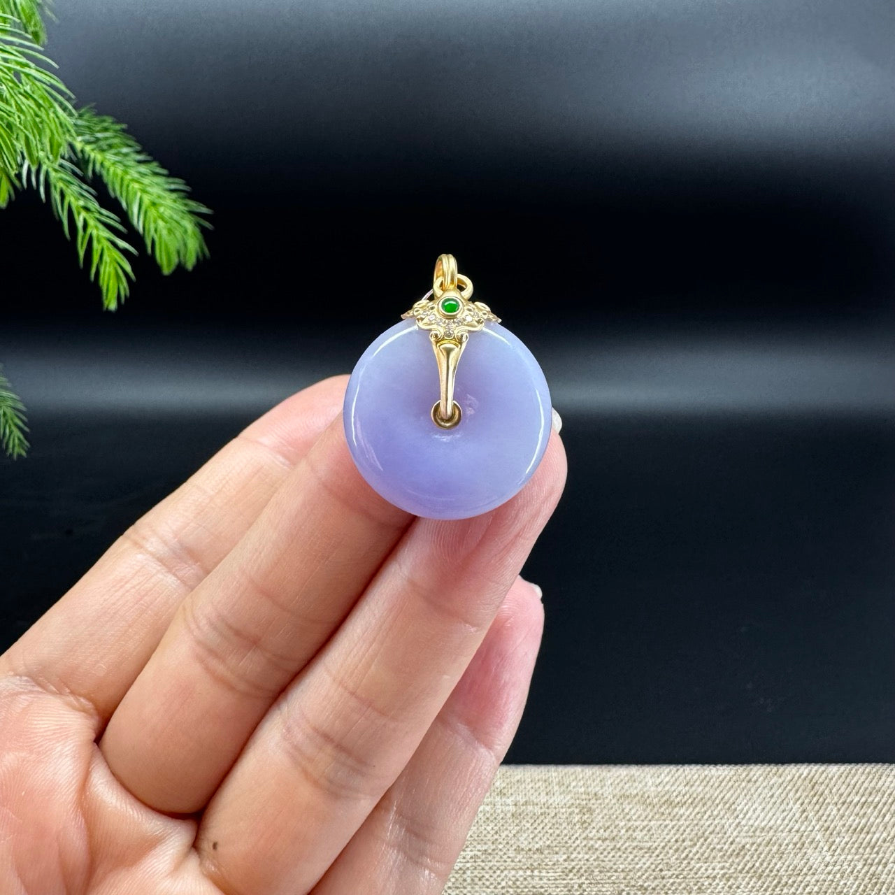 "Good Luck Button" Lavender Jadeite Jade Lucky KouKou Pendant With 18K Yellow Gold Diamonds Bail