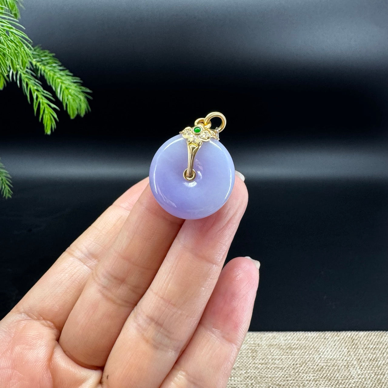 "Good Luck Button" Lavender Jadeite Jade Lucky KouKou Pendant With 18K Yellow Gold Diamonds Bail