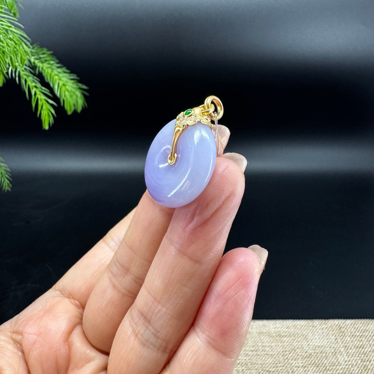 "Good Luck Button" Lavender Jadeite Jade Lucky KouKou Pendant With 18K Yellow Gold Diamonds Bail