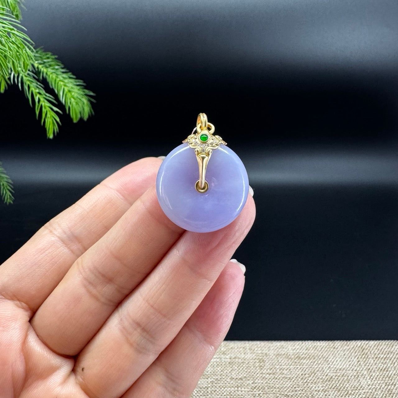 "Good Luck Button" Lavender Jadeite Jade Lucky KouKou Pendant With 18K Yellow Gold Diamonds Bail
