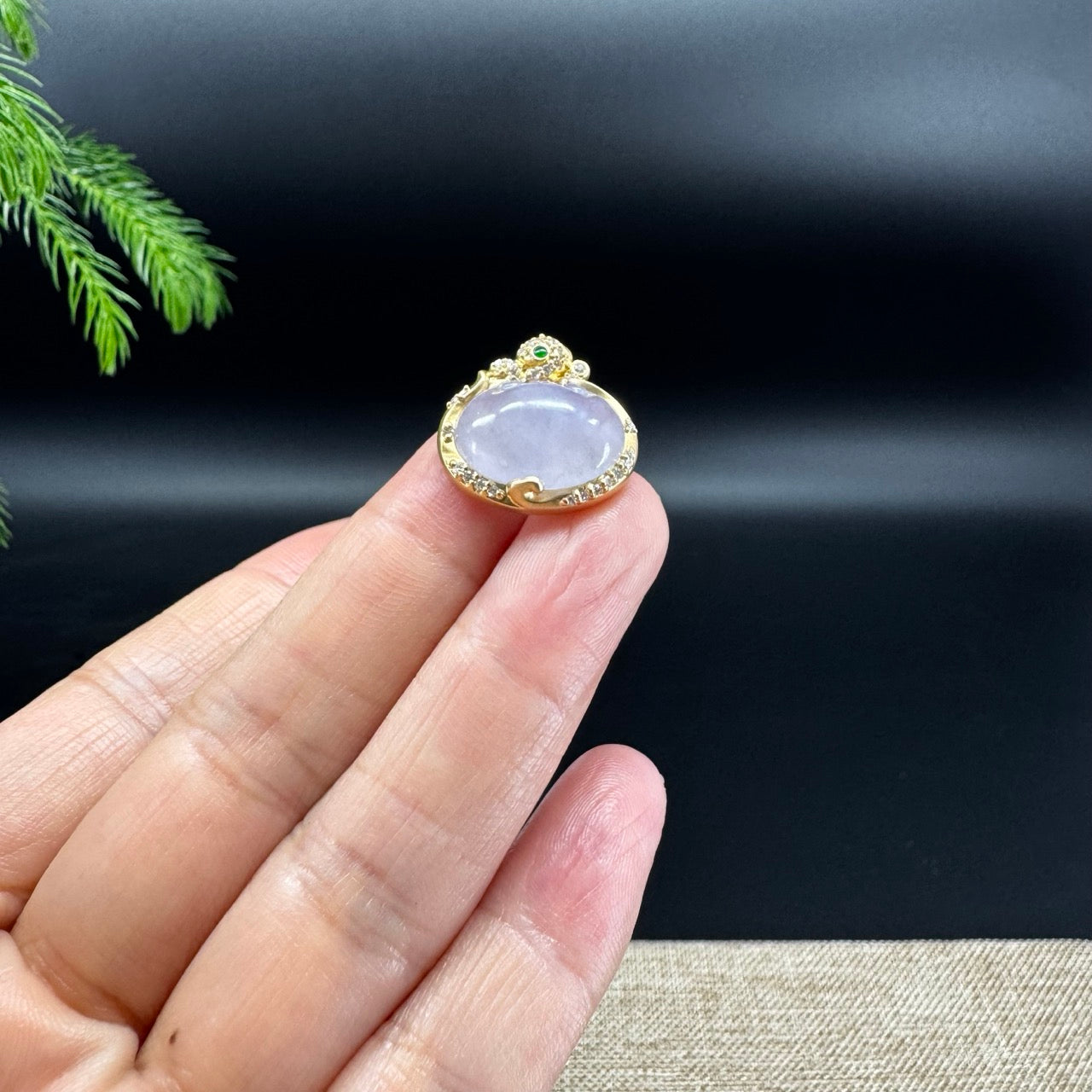 RealJade® Co. Genuine Light Lavender Jadeite Jade RuYi Necklace With 18K Yellow Gold Bail