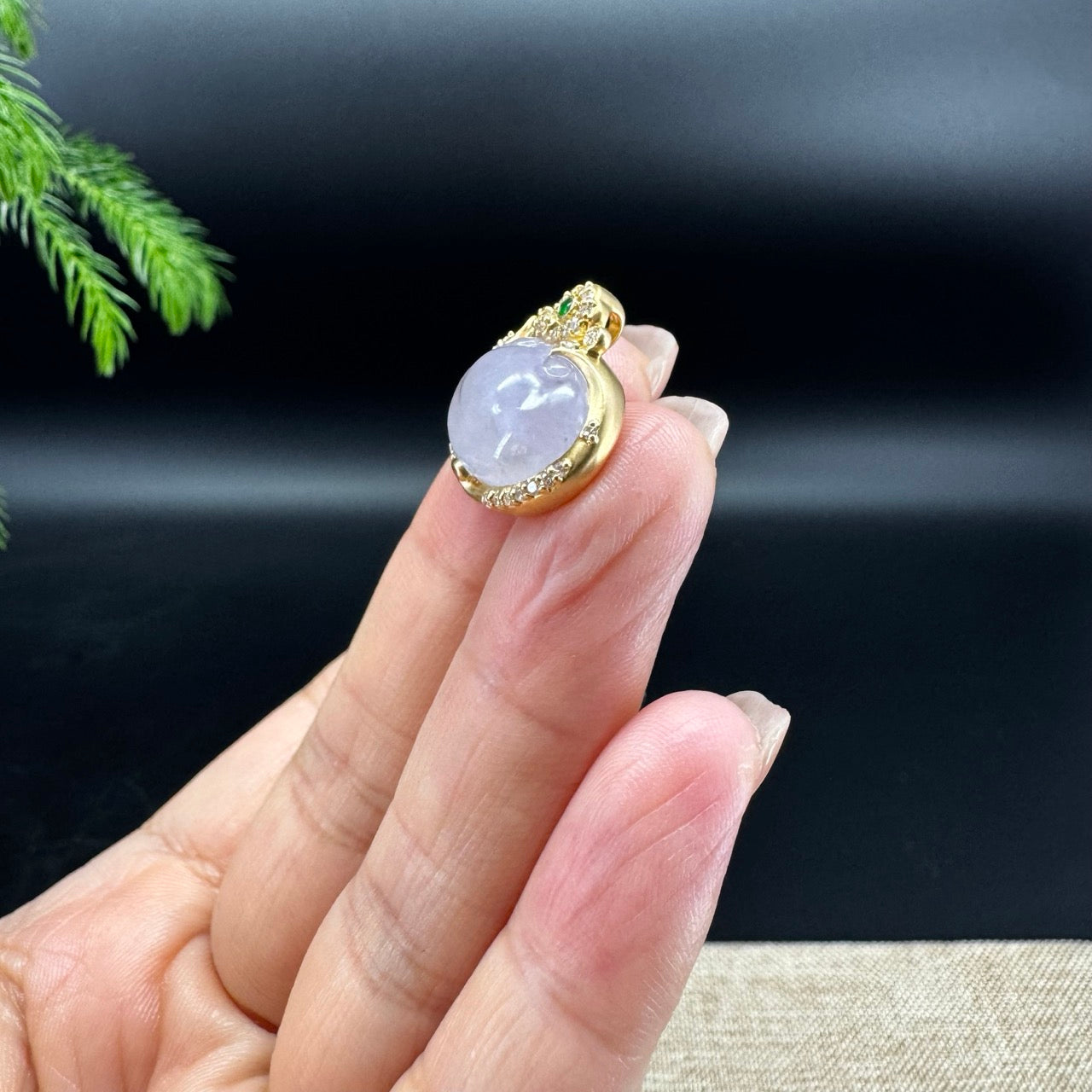 RealJade® Co. Genuine Light Lavender Jadeite Jade RuYi Necklace With 18K Yellow Gold Bail